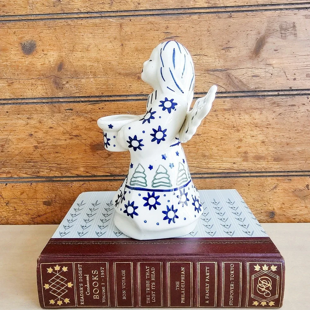 Vtg Polish Pottery Angel Taper Candle Holder Figurine Boleslawiec Cobalt Blue